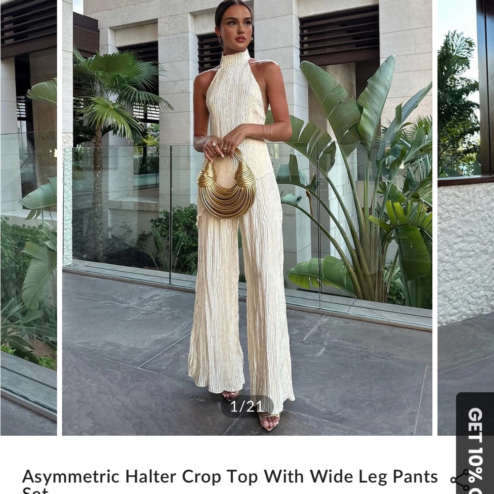 Commense Asymmetric Halter Crop Top With Wide Leg Pants Set